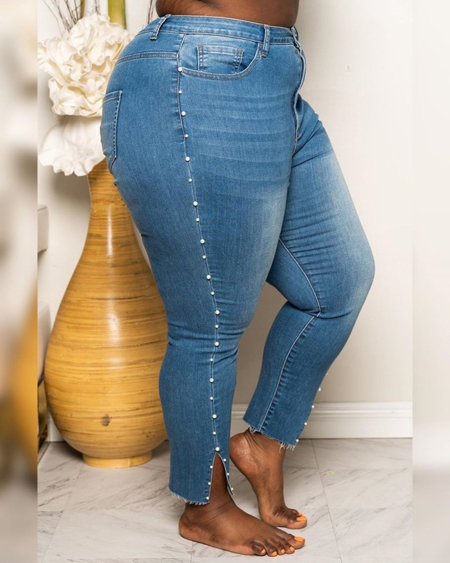 Plus Size Beaded Blue Denim Jeans
