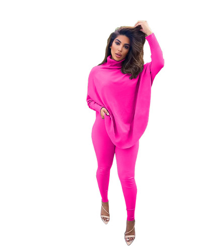 Hop Pink Bat Sleeve Slit Top & Pants Two Piece Set