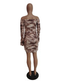 Flare Cuff Off Shoulder Print Ruched Mini Dress