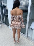 Flare Cuff Off Shoulder Print Ruched Mini Dress