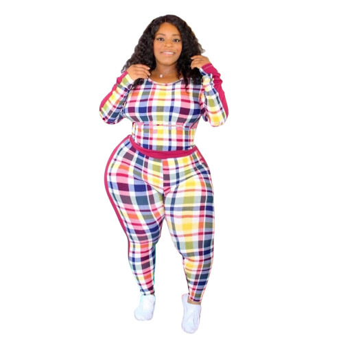 Plus Size Plaid Fitted Crop Top and Pants Set