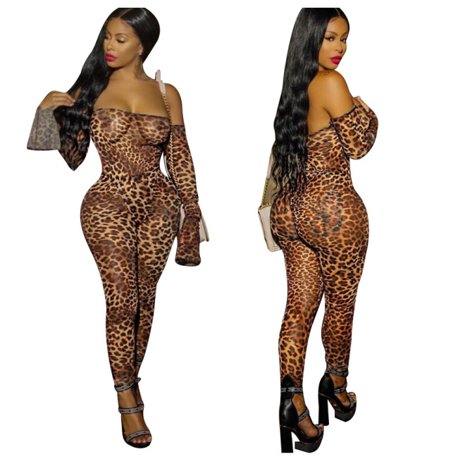 Leopard Off Shoulder Flare Cuff Bodycon Jumpsuit