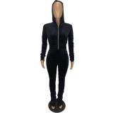 Velvet Black Ruched Zipper Hooded Jumpsuit