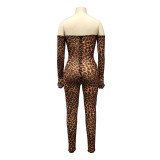 Leopard Off Shoulder Flare Cuff Bodycon Jumpsuit