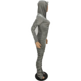 Velvet Gray Ruched Zipper Hooded Jumpsuit