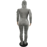 Velvet Gray Ruched Zipper Hooded Jumpsuit