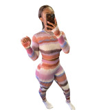 Striped Pink Crop Top and Tight Pants Set
