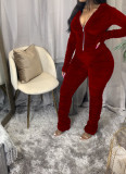 Velvet Red Ruched Zipper Hooded Jumpsuit