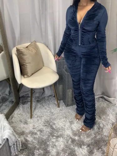 Velvet Navy Ruched Zipper Hooded Jumpsuit