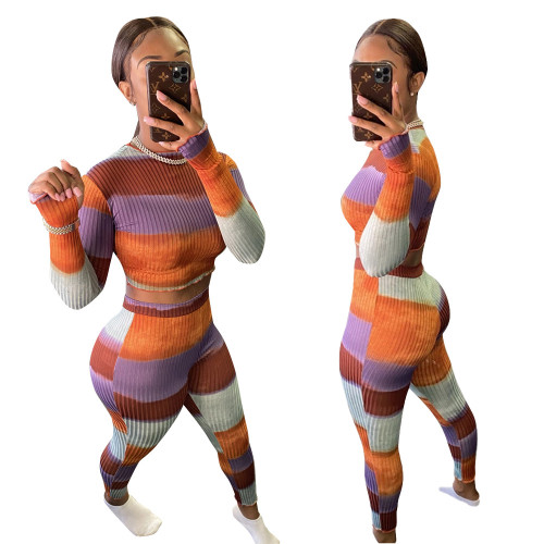 Striped Orange Crop Top and Tight Pants Set