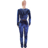 Velvet Navy Blue Ruched Hooded Sweatsuit