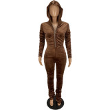 Velvet Brown Ruched Zipper Hooded Jumpsuit