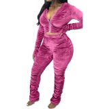 Velvet Pink Ruched Hooded Sweatsuit
