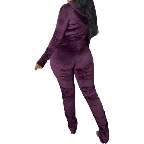 Velvet Purple Ruched Hooded Sweatsuit