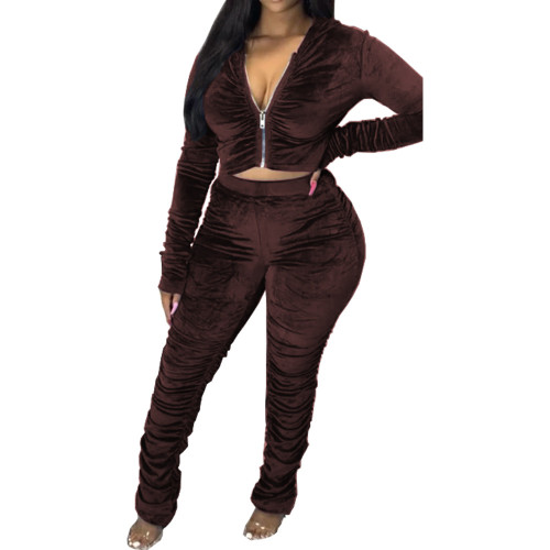 Velvet Coffee Ruched Hooded Sweatsuit