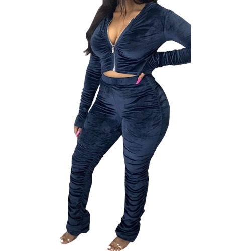 Velvet Navy Blue Ruched Hooded Sweatsuit