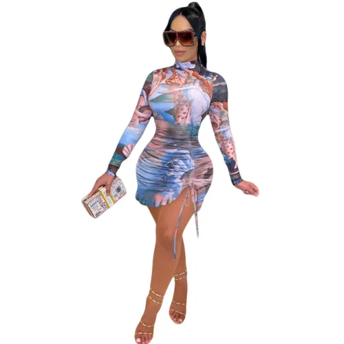 Angel Print Full Sleeve Ruched Ruffle Mini Dress