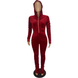 Velvet Red Ruched Zipper Hooded Jumpsuit
