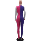 Color Block Long Sleeve Zipper Bodycon Jumpsuit