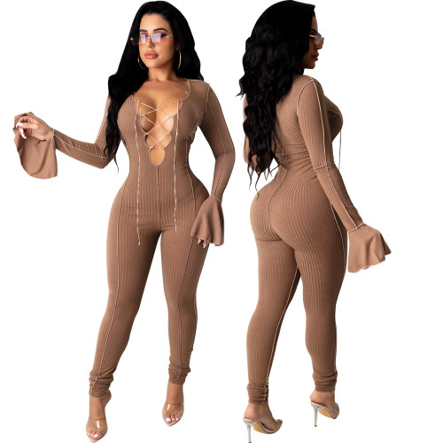 Sexy Lace Up Coffee Flare Cuff Bodycon Jumpsuit