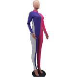 Color Block Long Sleeve Zipper Bodycon Jumpsuit