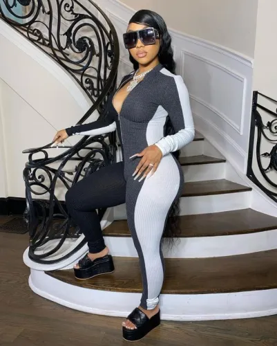 Color Block Long Sleeve Zipper Bodycon Jumpsuit
