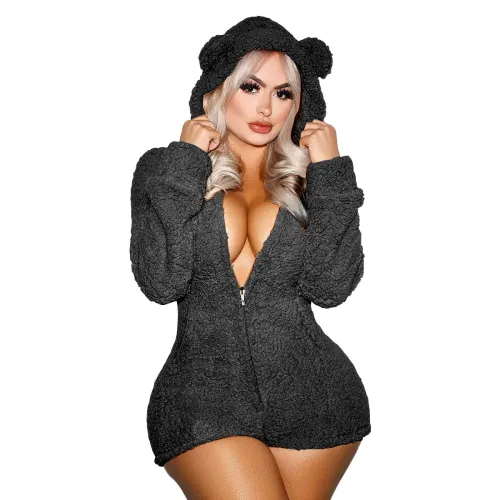 Black Fleece Zip Up Hooded Romper Loungewear