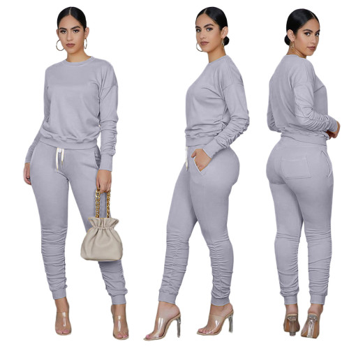 Gray Long Sleeve Ruched Casual Top & Pants