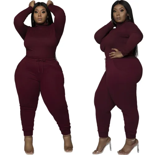 Plus Size Burgundy Long Sleeve Two Piece Pants Set