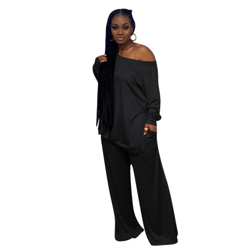 Black Loose Slit Top and Wide Leg Pants Two Piece Set