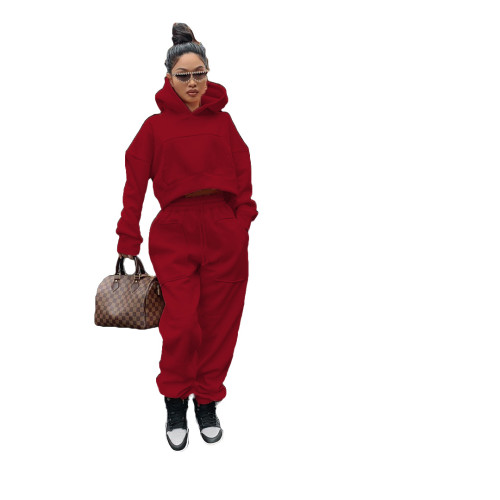 Burgundy Front Pocketed Hooded Warm Sweatsuit