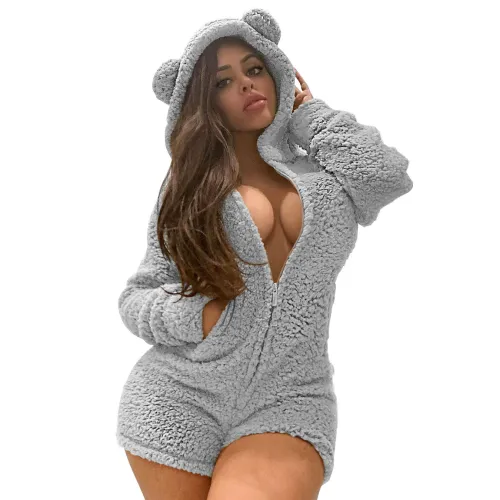Gray Fleece Zip Up Hooded Romper Loungewear