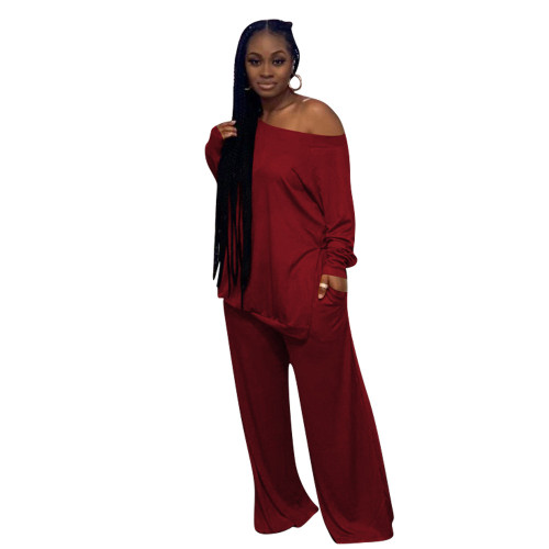 Burgundy Loose Slit Top and Wide Leg Pants Two Piece Set
