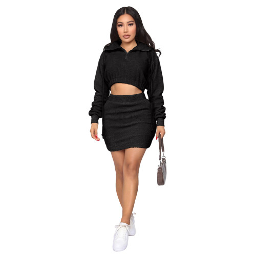 Black Burbur Fleece Two Piece Mini Skirt Set