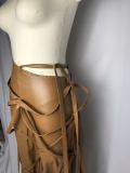Brown PU Leather Pants with Strings