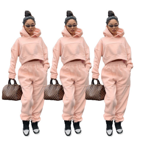Pink Front Pocketed Hooded Warm Sweatsuit