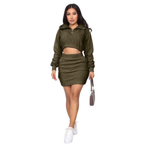 Army Green Burbur Fleece Two Piece Mini Skirt Set