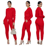 Red Long Sleeve Ruched Casual Top & Pants