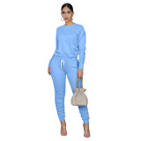 Light Blue Long Sleeve Ruched Casual Top & Pants