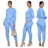Light Blue Long Sleeve Ruched Casual Top & Pants