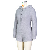 Gray Fleece Zip Up Hooded Romper Loungewear