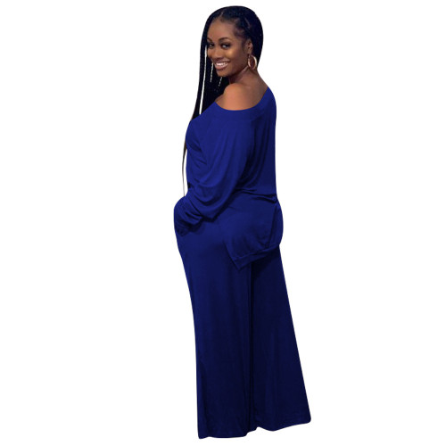 Blue Loose Slit Top and Wide Leg Pants Two Piece Set