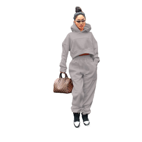 Gray Front Pocketed Hooded Warm Sweatsuit