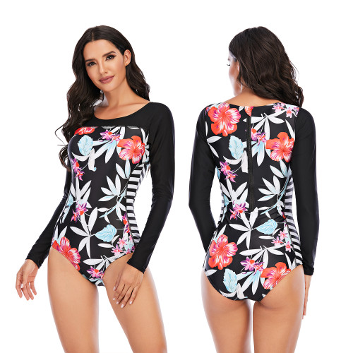 Floral Patchwork Long Sleeve One Piece Swimsuit
