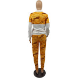 Plus Size Yellow Camo Patchwork Two Piece Pants Set