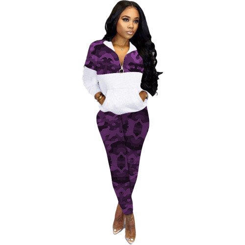 Plus Size Purple Camo Patchwork Two Piece Pants Set