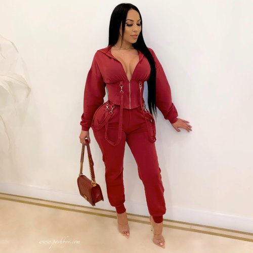 Red Deep V Casual Hooded Sweatsuits with Straps