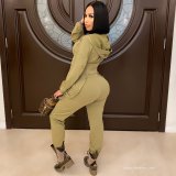 Army Green Deep V Casual Hooded Sweatsuits with Straps