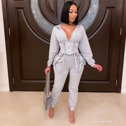 Gray Deep V Casual Hooded Sweatsuits with Straps