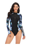 Floral Patchwork Surfing Long Sleeve One Piece Swimsuit